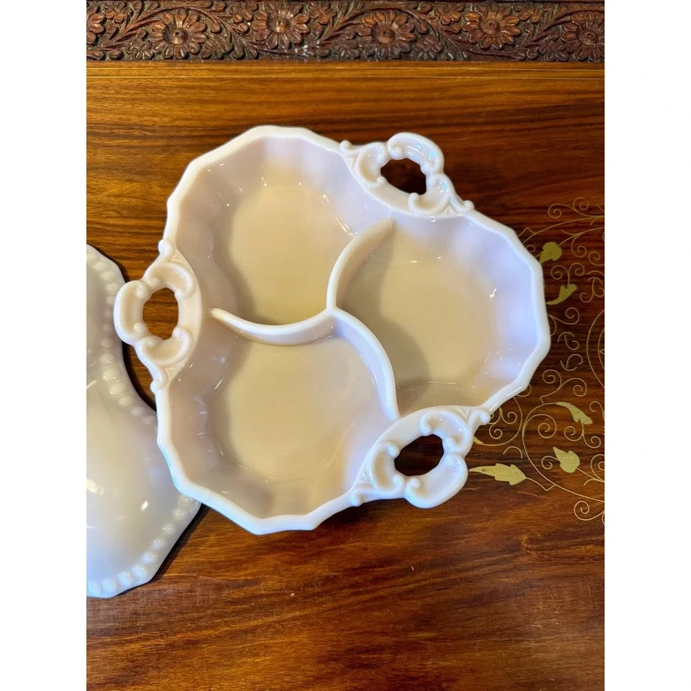 Vintage Pink Milk Glass‎ Lidded Divided Dish – Opaline Vanity or Candy Dish